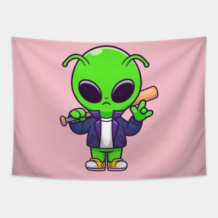 Cute Cool Alien With Baseball Bat Cartoon Tapestry