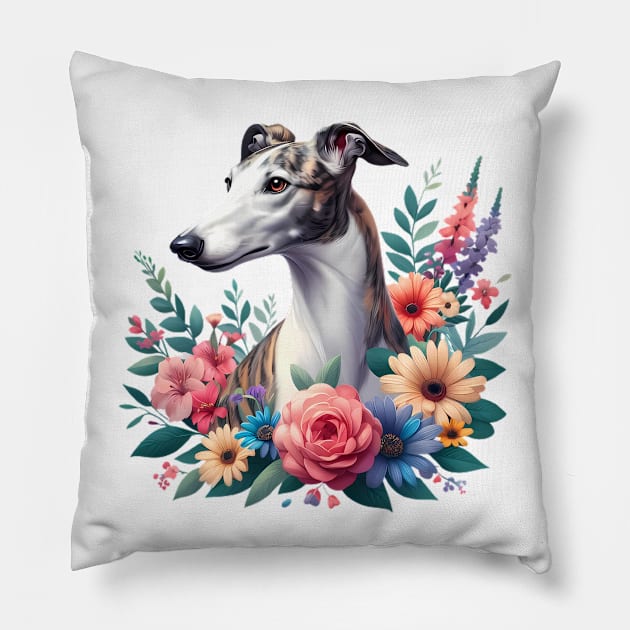 A greyhound decorated with beautiful colorful flowers. Pillow by CreativeSparkzz