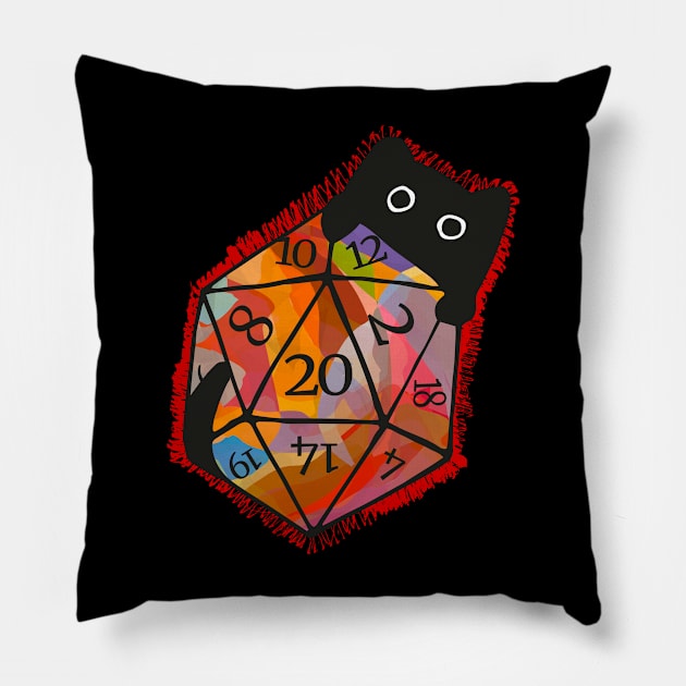 Cute cat behind colorful D20 dice Pillow by Ravendax