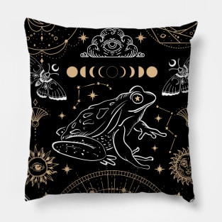 Witchy Frog Under Moon Phases, The Magician with Wizard Hat, Dark Academia Pillow