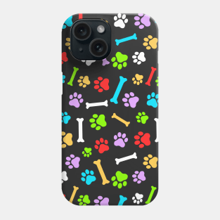 Colorful Dog Paw & Bones Seamless Pattern on Black Background Phone Case