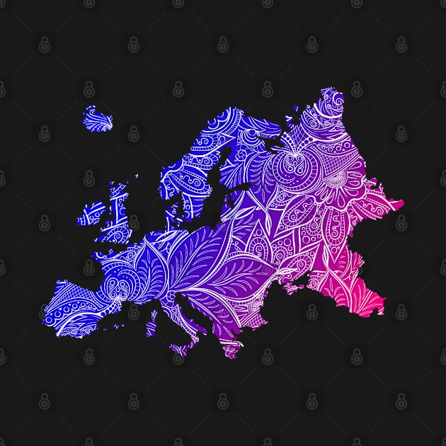 Colorful mandala art map of Europe with text in blue and violet by Happy Citizen