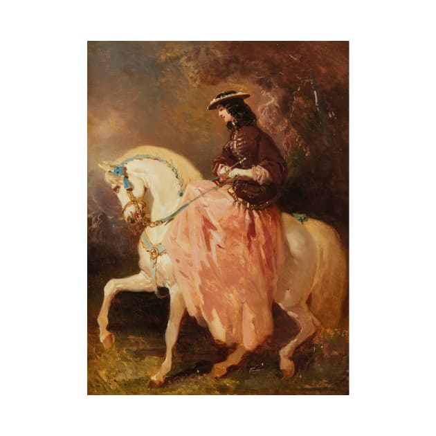 Amazone au petit canotier, veste rouge, jupe rose, une cravache sur un cheval gris aux rubans bleus by Alfred de Dreux by Classic Art Stall