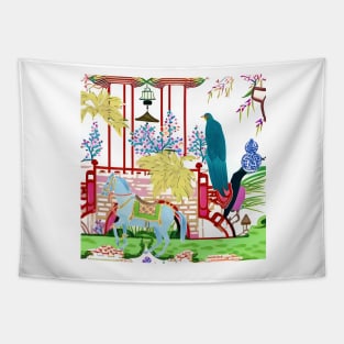 Blue horse in chinoiserie garden Tapestry