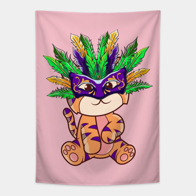 Mardi Gras with Cute Tiger Mardi Mask Beads Feathers Tapestry by alcoshirts