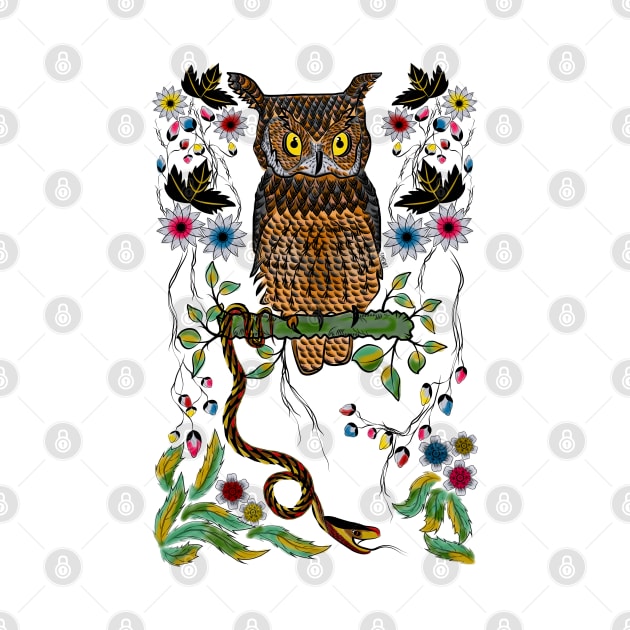 Vibrant jungle Owl and Snake by famenxt