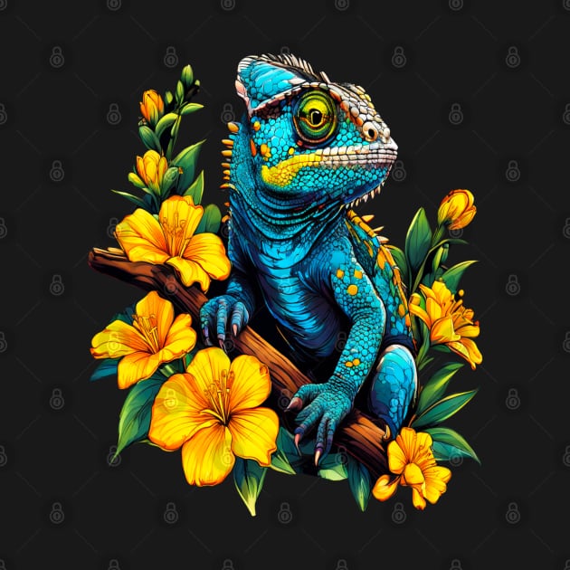 Chameleon Surrounded by Vibrant Spring Flowers by BirdsnStuff