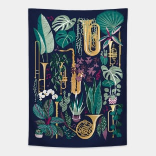 Music to my eyes - oxford navy blue background gold textured musical instruments green indoor plants pink music notes Tapestry