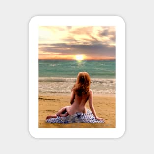 Woman sitting on beach looking at sunset peaceful relaxed zen yoga buddhism Magnet