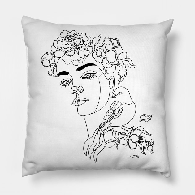 Woman Face with flowers Pillow by OneLinePrint