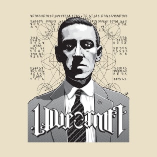 HP Lovecraft Ambigram Portrait - Black Text T-Shirt