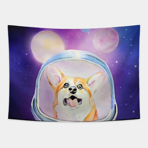 Space Dog Corgi Adventure Mixed Media Illustration Tapestry by MariaWorkman