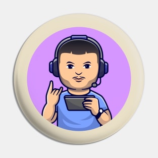 Cute Man Gamer Playing Game With Headphone Cartoon Pin