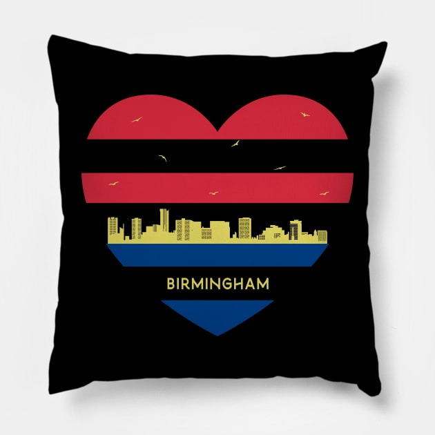 England Skyline cityscape Heart Birds Flying Birmingham Pillow by Msafi