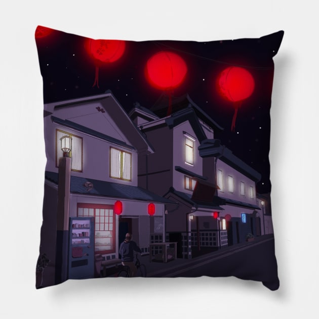 Lofi Japan Street at Night Pillow by Raquel