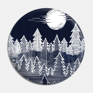 Misty, Moonlit Trees Linocut in Blue and White Pin