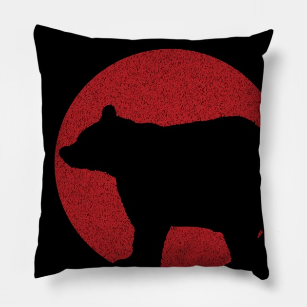 Minimalist Black Bear Silouette on Distressed Red Sun Background Pillow by PelagiosCorner