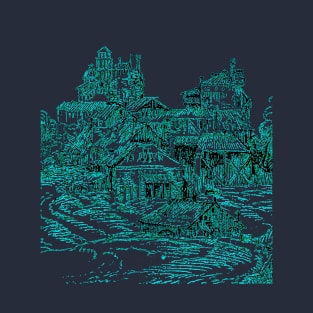 Old-World Town Teal Outline Art T-Shirt