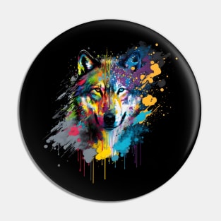 Wolf Abstract Artwork, Vibrant, Paint Splatter Pin