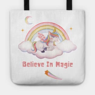 Believe In Magic Cute Unicorn With Rainbow, Clouds, And Stars Tote