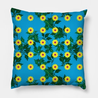 Yellow daisies with Cerise centres over layers of vine leaves on a Vibrant Blue background Pillow