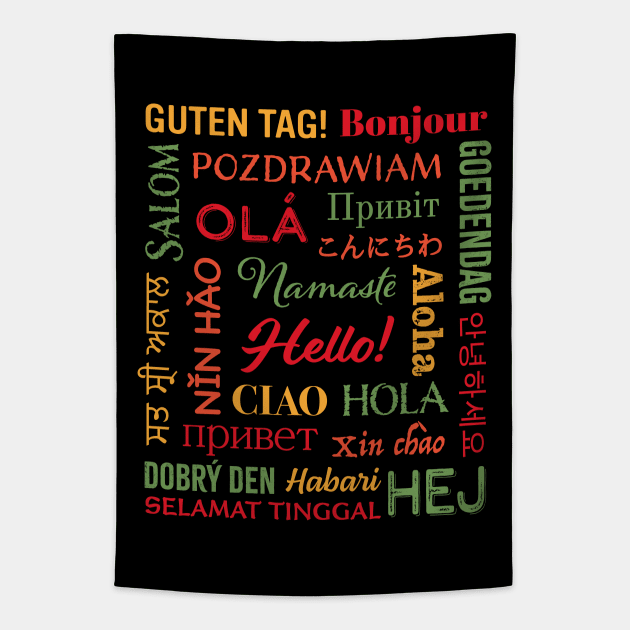 Hello in Different Languages Tapestry by Pine Hill Goods