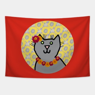 Marigold Floral Cat Portrait Tapestry