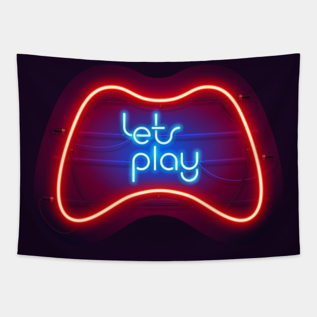 Colorful Neon Let's Play Sign with Game Controller Tapestry by Voysla