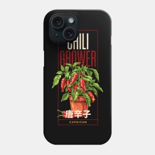 Chili grower design with a chili plant, red font,  CAPSICUM, chili fruits and japanese text japanese Typography Phone Case