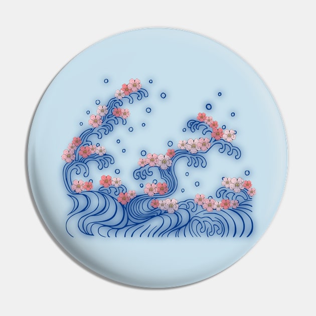 Blue Waves and Pink Cherry Flowers in Japanese Art Style Pin by Lighttera