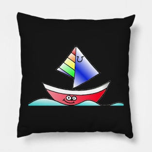 Happy Rainbow Sailboat Doodle Pillow