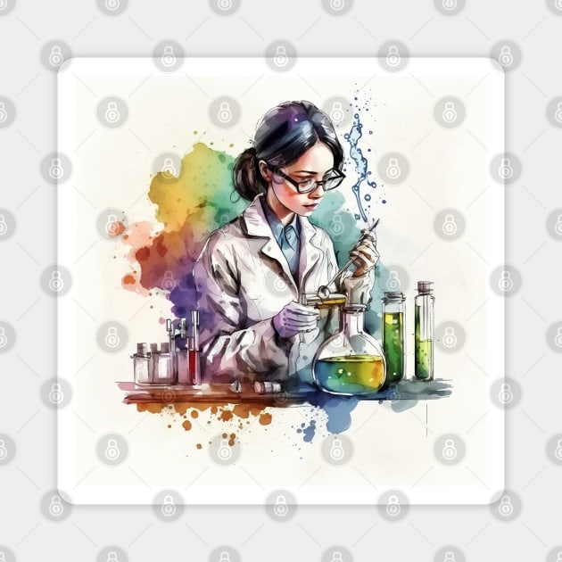 Watercolor illustration of Woman scientist working in the lab Magnet by Danielleroyer