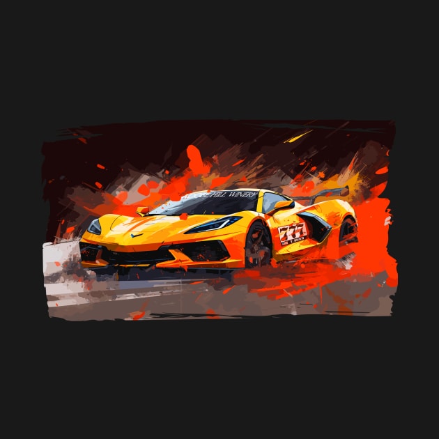 Orange C8 Corvette Racecar Splatter Art by Tees 4 Thee