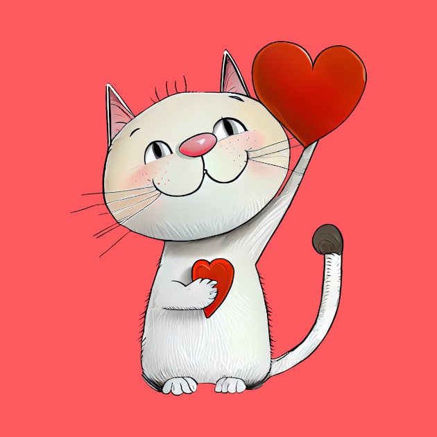 Cat with Two Hearts - funny illustration for cat lovers by KOTOdesign