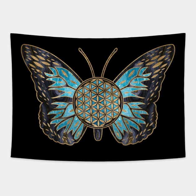 Flower of Life Butterfly - Blue Gemstone and gold Tapestry by Nartissima