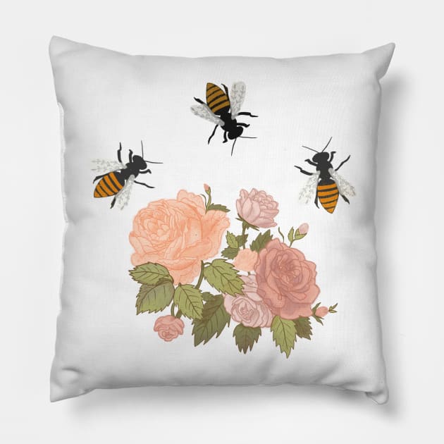 Honeybee Victorian Roses in Blue Pillow by Booneb