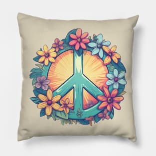 Groovy retro peace sign with pastel flowers Pillow