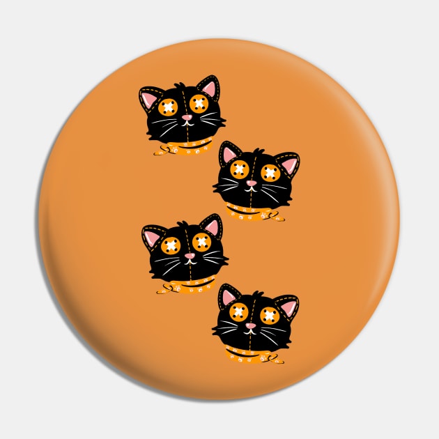 Black cat button eyes with orange scarf, Halloween pattern Pin by LePetitShadow