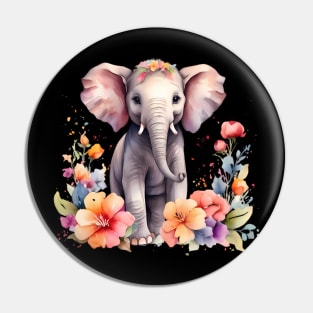 A baby elephant decorated with beautiful watercolor flowers Pin