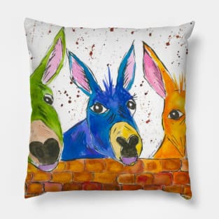 Three Quirky Colourful Donkeys chatting over the wall Pillow