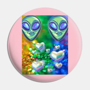 aliens and hearts surrounded by rainbow glitter Pin