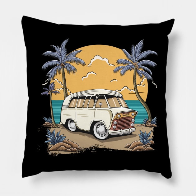 Vintage Car in Beach Summer Time Pillow by eijainspire