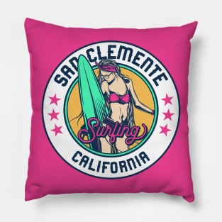 Retro Surfer Babe Badge San Clemente California Pillow