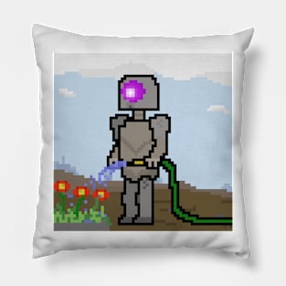 Pixel art robot, watering a garden Pillow