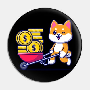 Cute Shiba Inu Dog Pushing Cart Gold Coin Cartoon Pin