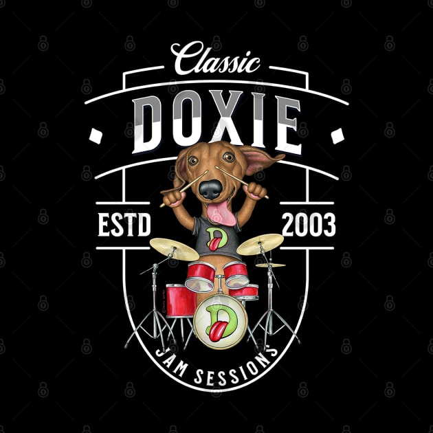 Fun doxie Dog playing drums for a rock and roll band on Doxie Jam Sessions tee by Danny Gordon Art