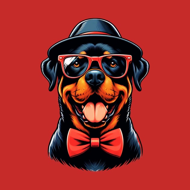 cute Rottweiler Dog Wearing Red Glasses And Bow Tie by Figurely creative