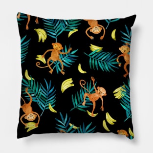 Tropical Monkey Banana Bonanza on Black Pillow