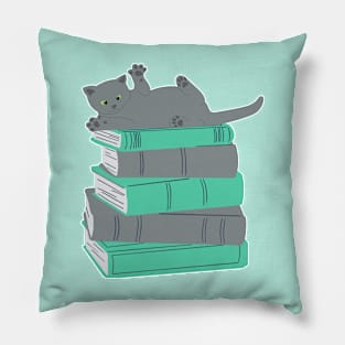 Adorable Kitty Posing atop a Pile of Books Pillow