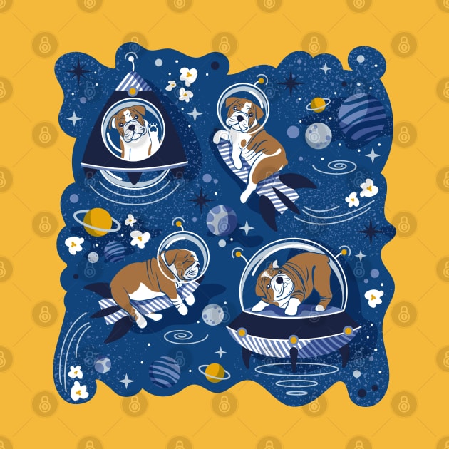 Intergalactic doggie dreams // spot illustration // classic blue background white and bronze English Bulldogs goldenrod yellow denim and pastel blue planets and space ships by SelmaCardoso